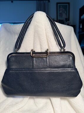 Structured Navy blue Leather Satchel with Double Top Handles